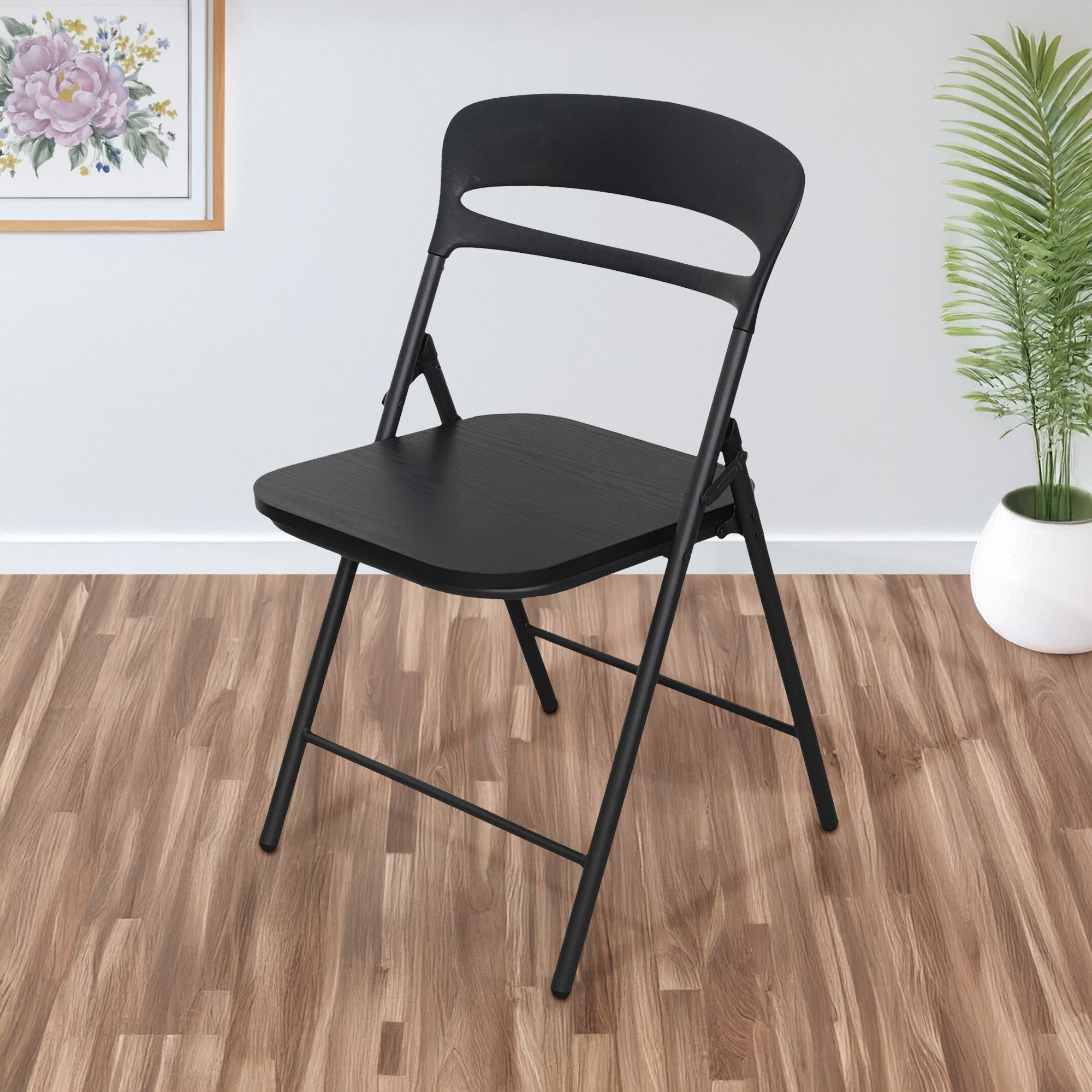 Set di 4 Sedie Pieghevoli Moderne Struttura in Metallo Verniciato a Polvere, Seduta in Legno e Schienale in Polipropilene Eleganti, Resistenti e Confortevoli,Portata 120 kg Nero