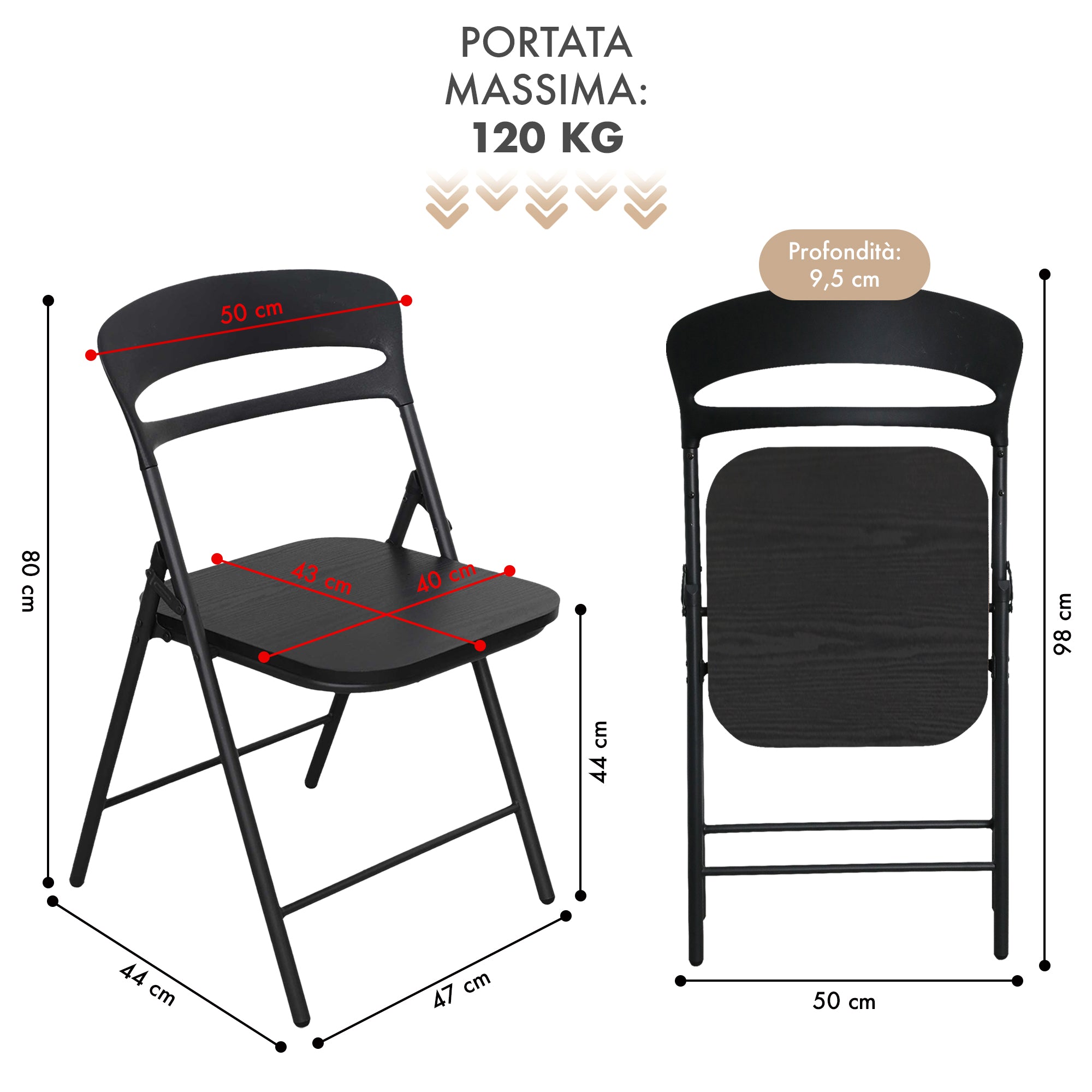 Set di 4 Sedie Pieghevoli Moderne Struttura in Metallo Verniciato a Polvere, Seduta in Legno e Schienale in Polipropilene Eleganti, Resistenti e Confortevoli,Portata 120 kg Nero