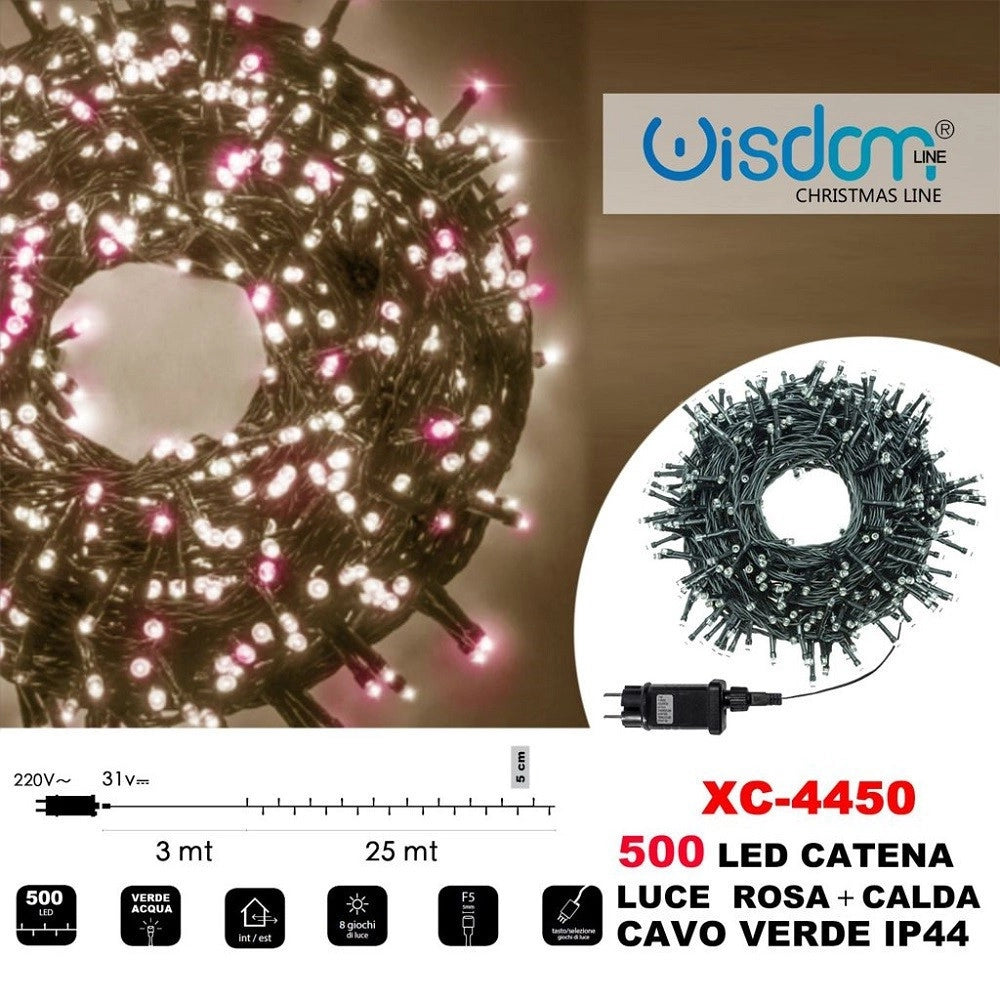 Trade Shop - Catena Luminosa 500 Luci Led Lucciole Luce Rosa + Calda Cavo Verde Ip44 Xc-4450 -