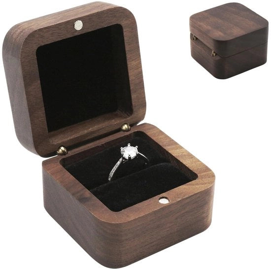 Walnut Houten Ringdoos - Presentazione Luxe - Quadrato - Ideale per Matrimonio - Cerimonia e Festa di Sposa - Compatta e Elegante