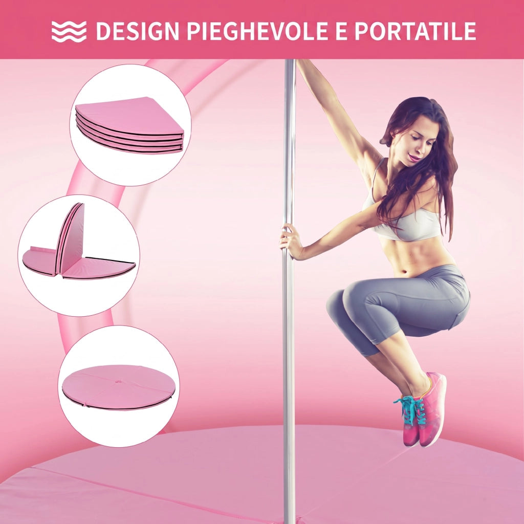 Tappeto Pole Dance Antiscivolo Pieghevole Ø150x5 cm in Schiuma EPE e PVC Rosa