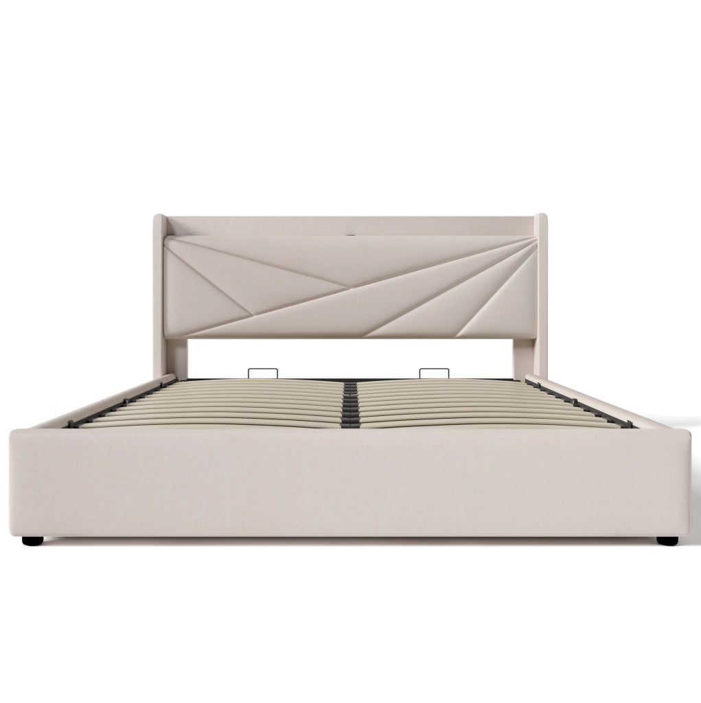 Letto matrimoniale beige 160x200 con contenitore, USB e USB-C