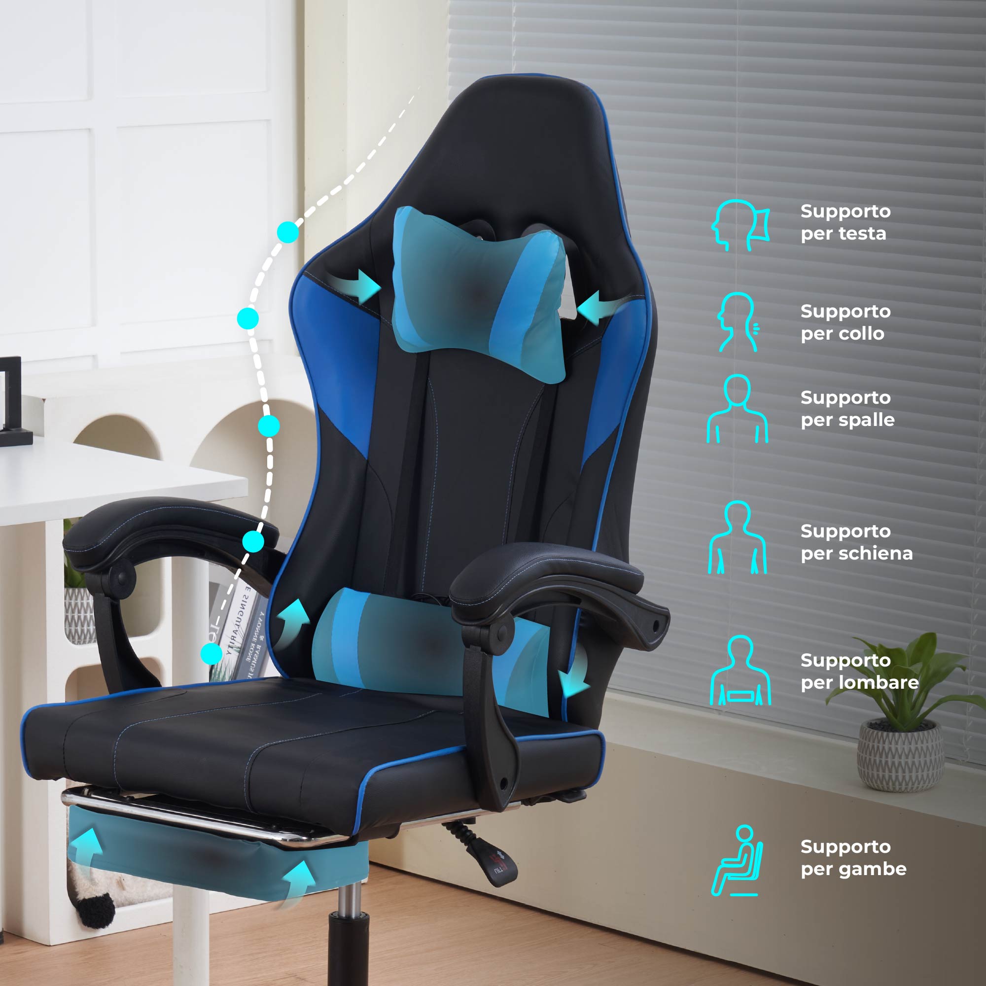 Sedia da Gaming Massaggiante,Sedia Gamer Con Poggiapiedi Telescopico,Reclinabile 90-135°,Poltrona da Gaming con Poggiatesta  Cuscino Lombare,Sedie Da Ufficio,Portata 150kg Blu