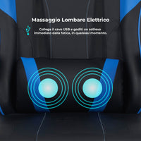 Sedia da Gaming Massaggiante,Sedia Gamer Con Poggiapiedi Telescopico,Reclinabile 90-135°,Poltrona da Gaming con Poggiatesta  Cuscino Lombare,Sedie Da Ufficio,Portata 150kg Blu