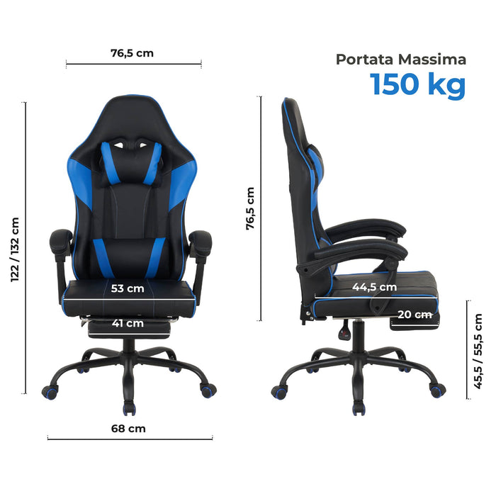 Sedia da Gaming Massaggiante,Sedia Gamer Con Poggiapiedi Telescopico,Reclinabile 90-135°,Poltrona da Gaming con Poggiatesta  Cuscino Lombare,Sedie Da Ufficio,Portata 150kg Blu