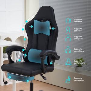 Sedia da Gaming Massaggiante,Sedia Gamer Con Poggiapiedi Telescopico,Reclinabile 90-135°,Poltrona da Gaming con Poggiatesta  Cuscino Lombare,Sedie Da Ufficio,Portata 150kg Nero