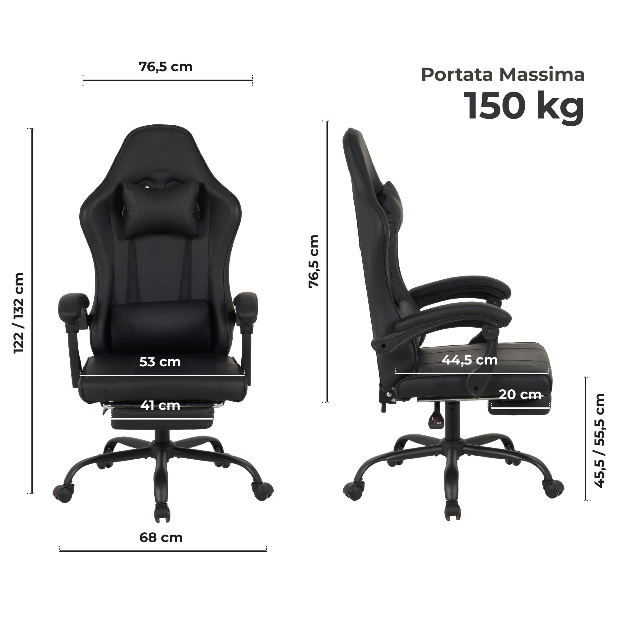 Sedia da Gaming Massaggiante,Sedia Gamer Con Poggiapiedi Telescopico,Reclinabile 90-135°,Poltrona da Gaming con Poggiatesta  Cuscino Lombare,Sedie Da Ufficio,Portata 150kg Nero