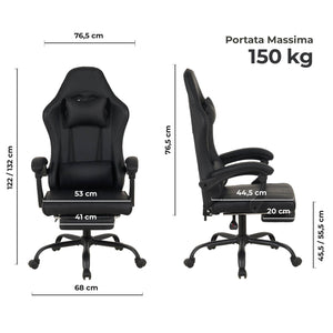 Sedia da Gaming Massaggiante,Sedia Gamer Con Poggiapiedi Telescopico,Reclinabile 90-135°,Poltrona da Gaming con Poggiatesta  Cuscino Lombare,Sedie Da Ufficio,Portata 150kg Nero