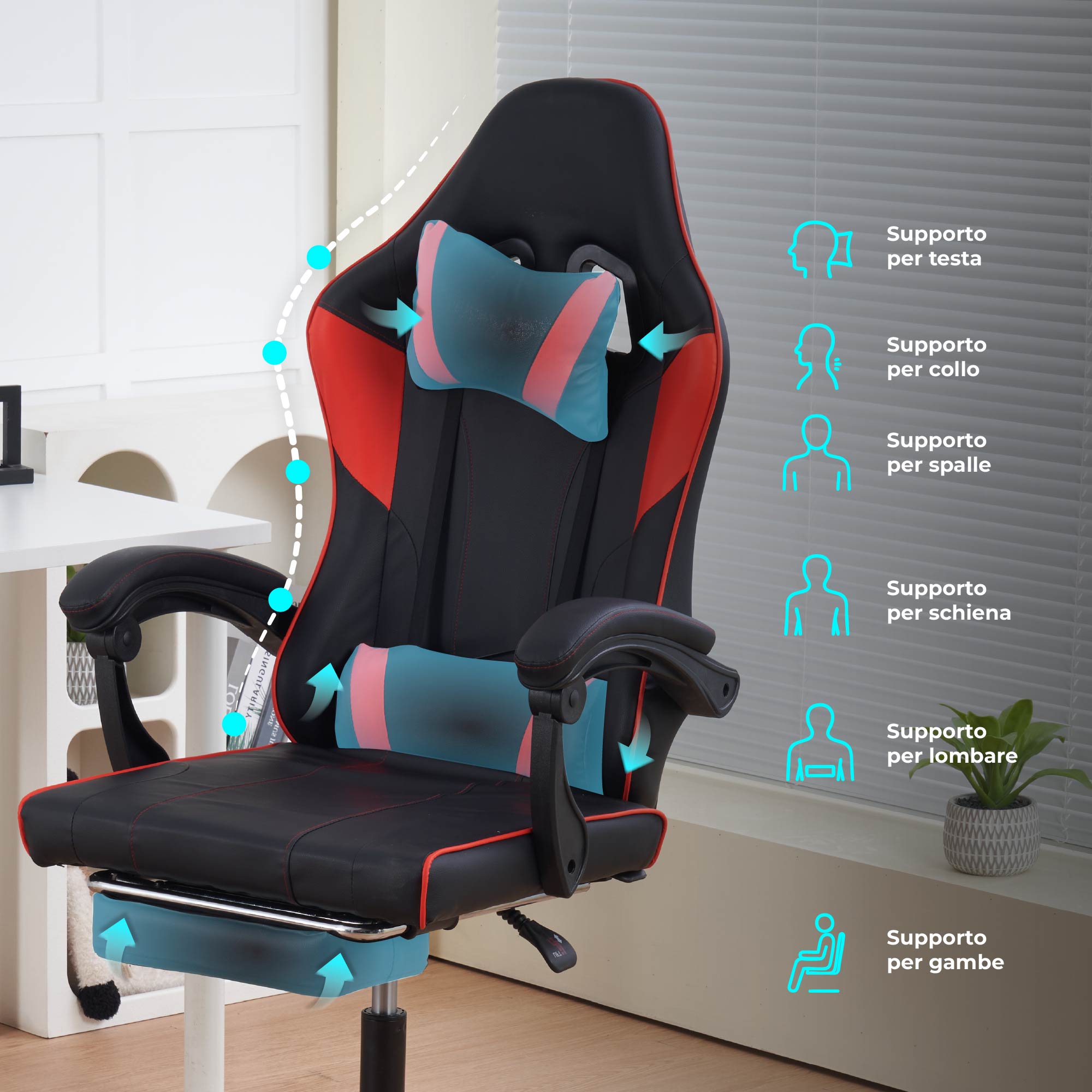 Sedia da Gaming Massaggiante,Sedia Gamer Con Poggiapiedi Telescopico,Reclinabile 90-135°,Poltrona da Gaming con Poggiatesta  Cuscino Lombare,Sedie Da Ufficio,Portata 150kg Rosso