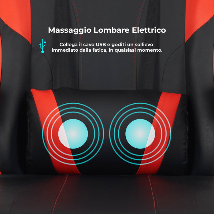 Sedia da Gaming Massaggiante,Sedia Gamer Con Poggiapiedi Telescopico,Reclinabile 90-135°,Poltrona da Gaming con Poggiatesta  Cuscino Lombare,Sedie Da Ufficio,Portata 150kg Rosso