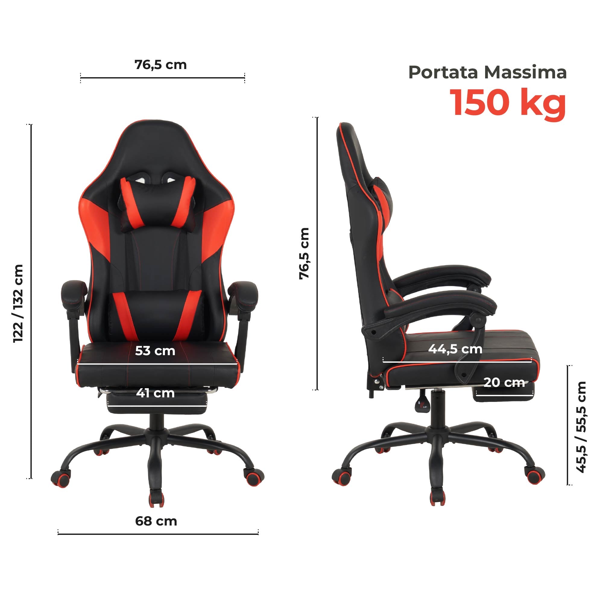 Sedia da Gaming Massaggiante,Sedia Gamer Con Poggiapiedi Telescopico,Reclinabile 90-135°,Poltrona da Gaming con Poggiatesta  Cuscino Lombare,Sedie Da Ufficio,Portata 150kg Rosso