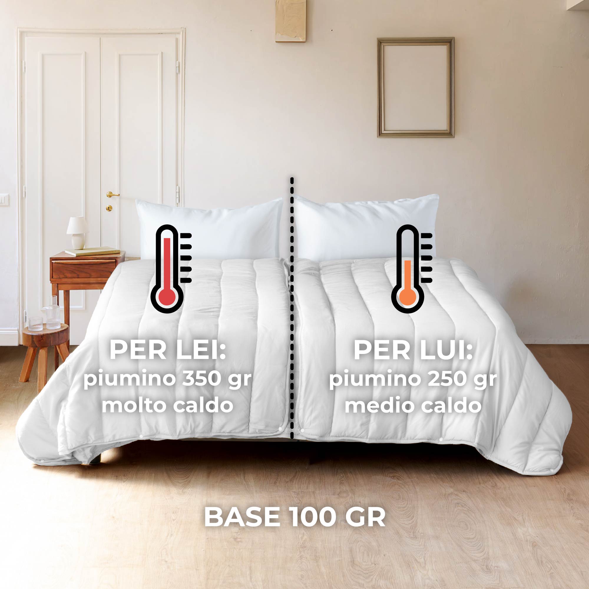 Piumino 4 Stagioni Matrimoniale con Calore Differenziato Modulabile Con Bottoni Clip Bianco-Bianco