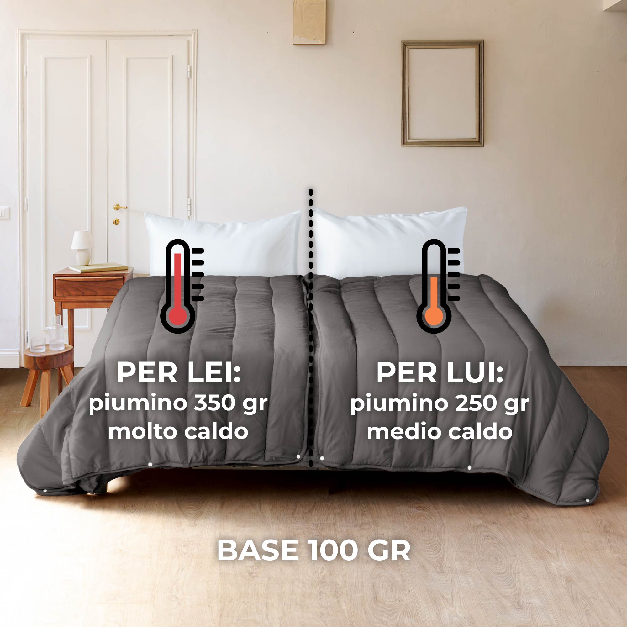 Piumino 4 Stagioni Matrimoniale con Calore Differenziato Modulabile Con Bottoni Clip GrigioChiaro-GrigioScuro