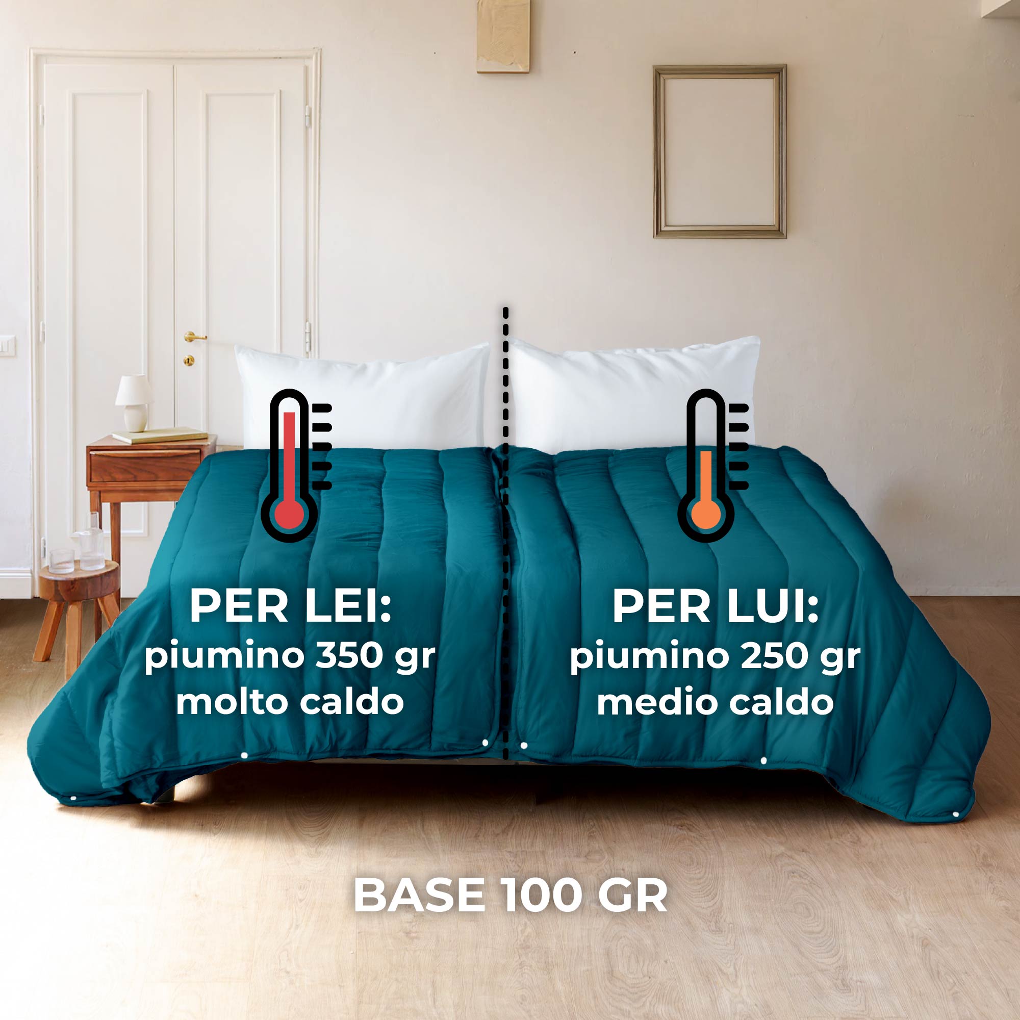 Piumino 4 Stagioni Matrimoniale con Calore Differenziato Modulabile Con Bottoni Clip Ottanio- Blu