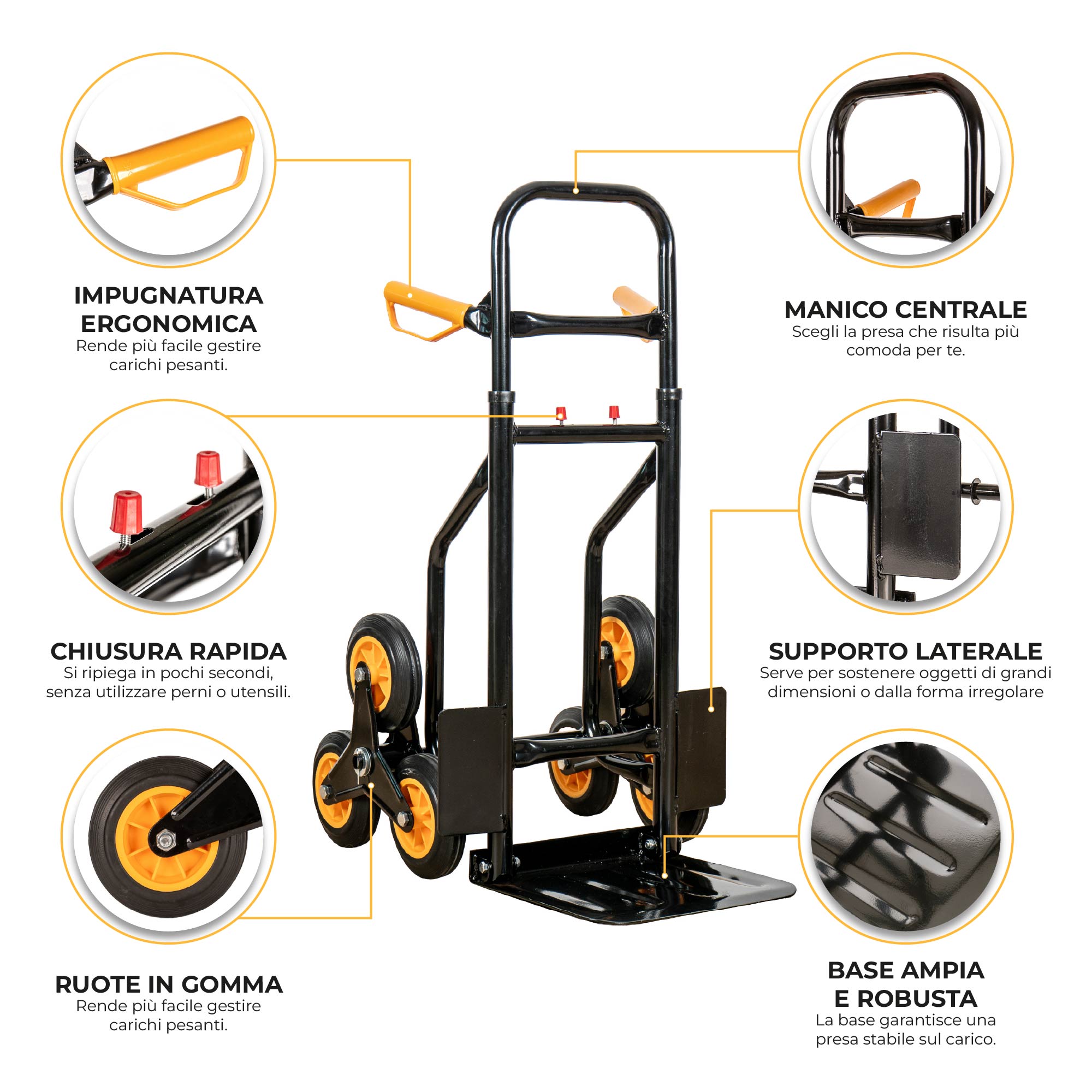 Carrello Portapacchi Per Scale Pieghevole Con 6 Ruote In Gomma Portatutto Capacità Carico 150 Kg Portatutto Traslochi Spesa Oggetti Pesanti  Altezza Regolabile Arancio