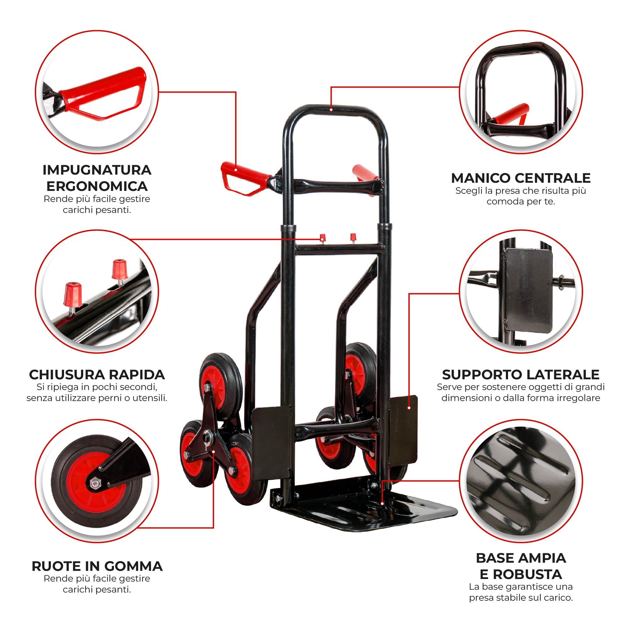 Carrello Portapacchi Per Scale Pieghevole Con 6 Ruote In Gomma Portatutto Capacità Carico 150 Kg Portatutto Traslochi Spesa Oggetti Pesanti  Altezza Regolabile Rosso