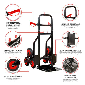 Carrello Portapacchi Per Scale Pieghevole Con 6 Ruote In Gomma Portatutto Capacità Carico 150 Kg Portatutto Traslochi Spesa Oggetti Pesanti  Altezza Regolabile Rosso