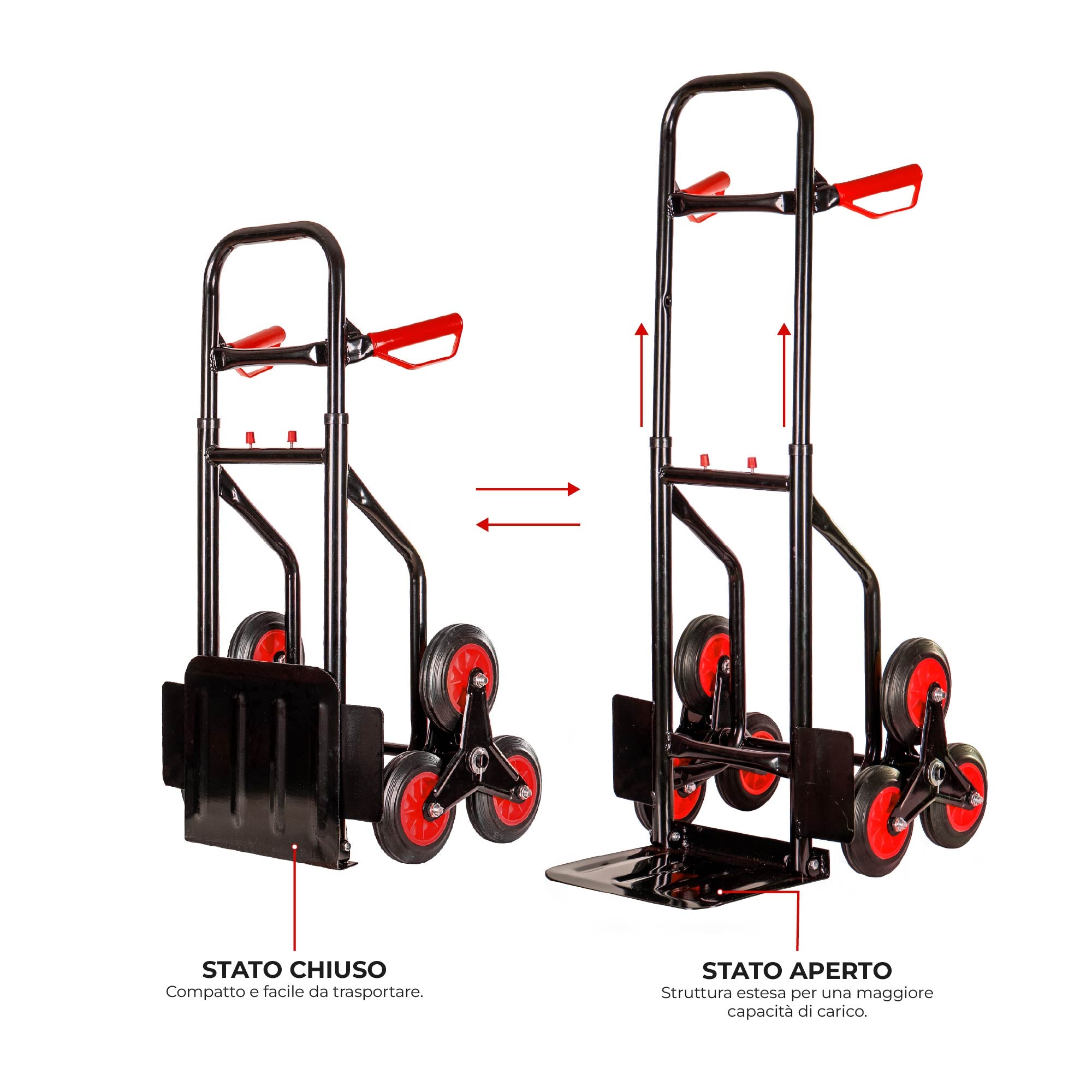 Carrello Portapacchi Per Scale Pieghevole Con 6 Ruote In Gomma Portatutto Capacità Carico 150 Kg Portatutto Traslochi Spesa Oggetti Pesanti  Altezza Regolabile Rosso
