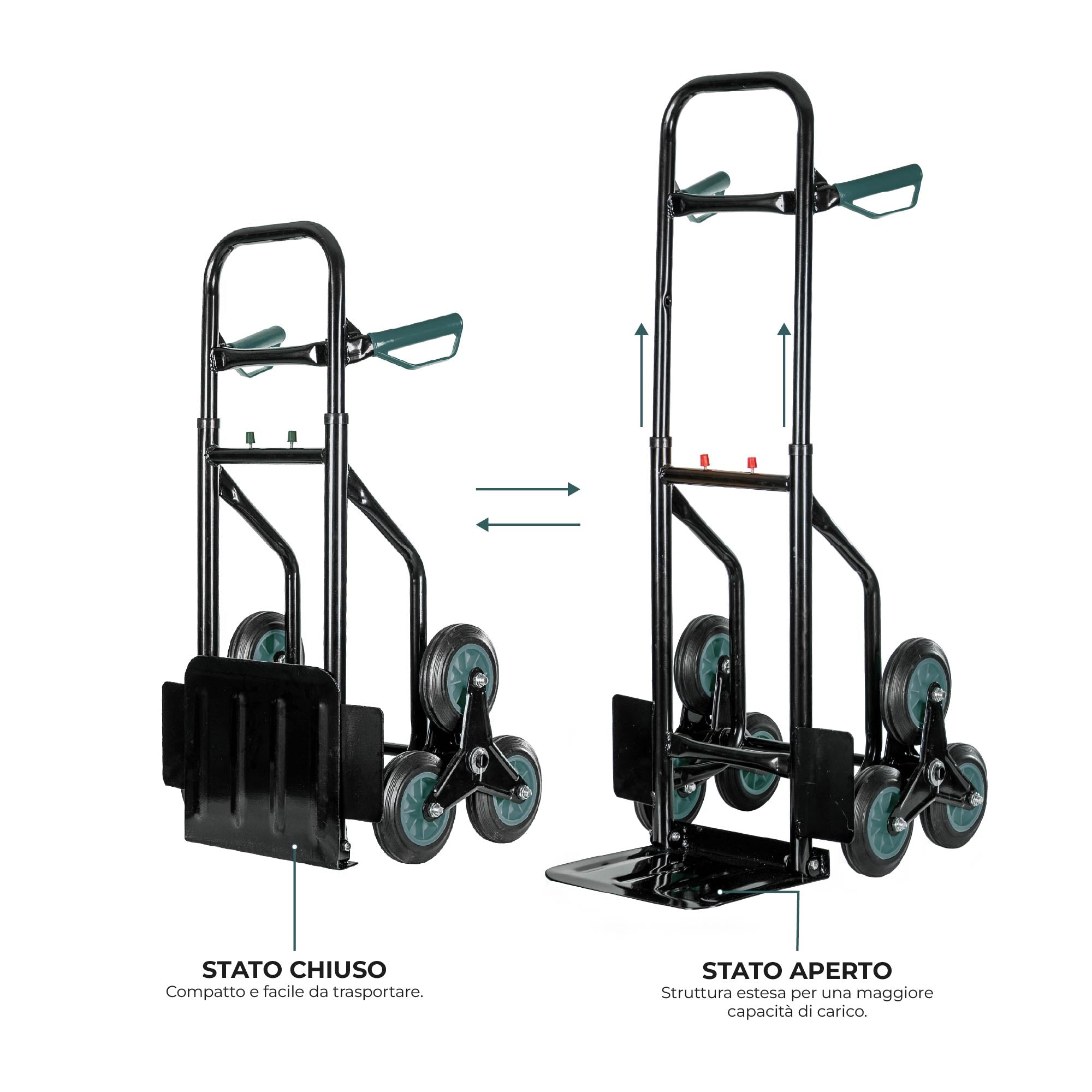 Carrello Portapacchi Per Scale Pieghevole Con 6 Ruote In Gomma Portatutto Capacità Carico 150 Kg Portatutto Traslochi Spesa Oggetti Pesanti  Altezza Regolabile Verde