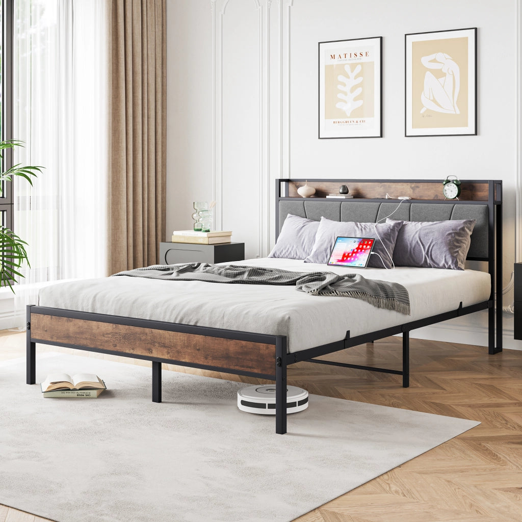 LETTO 140x200 cm con testiera contenitore, MDF e metallo, marrone antico
