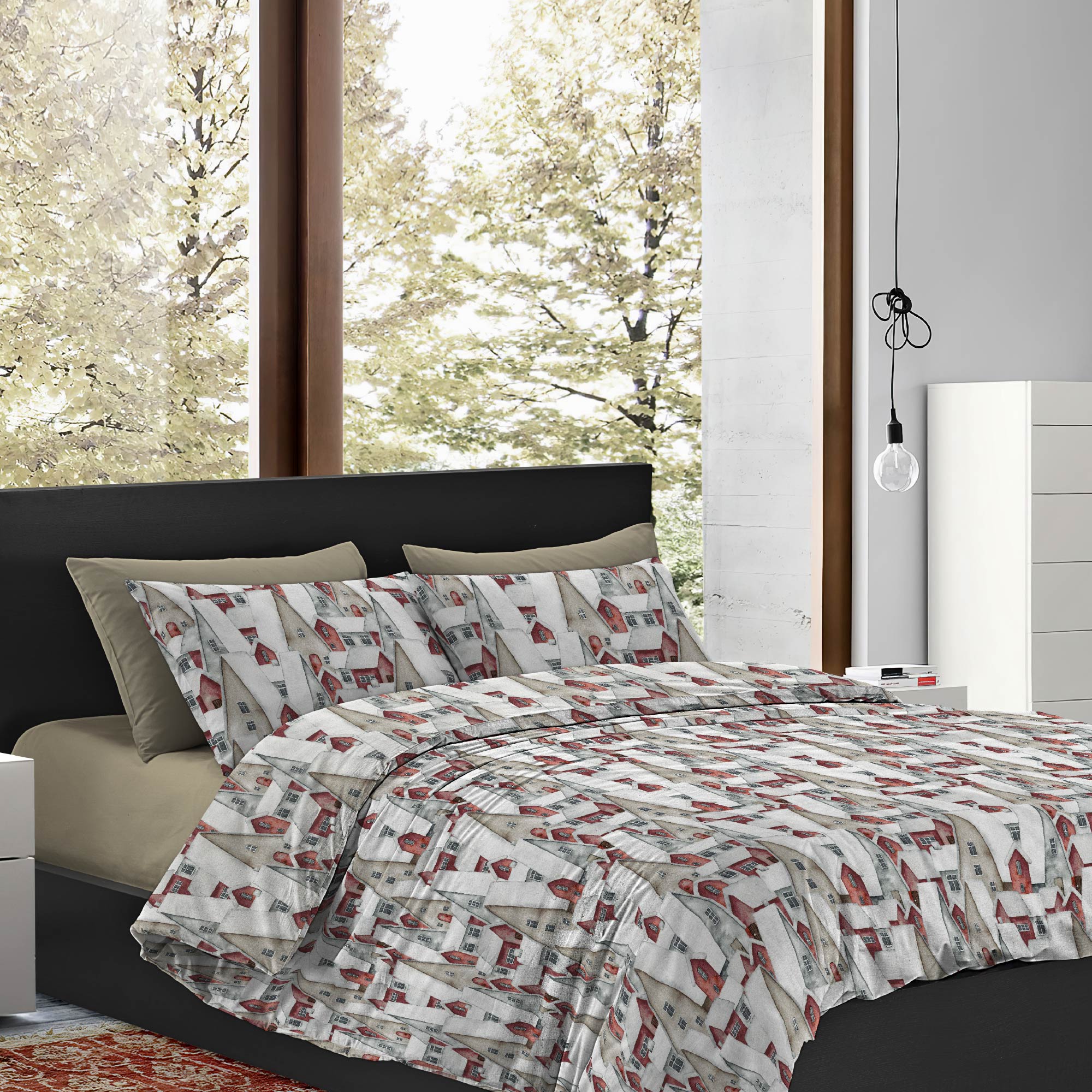 Copripiumino Matrimoniale No Stiro Sacco e Federe Effetto Raso Parure Microfibra Morbida Anallergica Mano Pesca  Casine - Matrimoniale