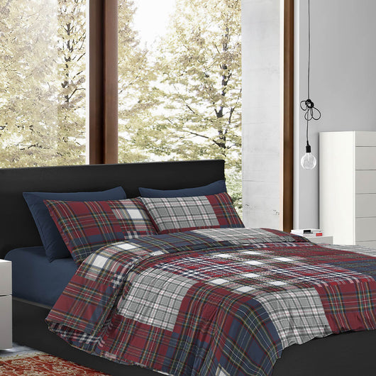 Copripiumino Matrimoniale No Stiro Sacco e Federe Effetto Raso Parure Microfibra Morbida Anallergica Mano Pesca  Tartan shade - Matrimoniale