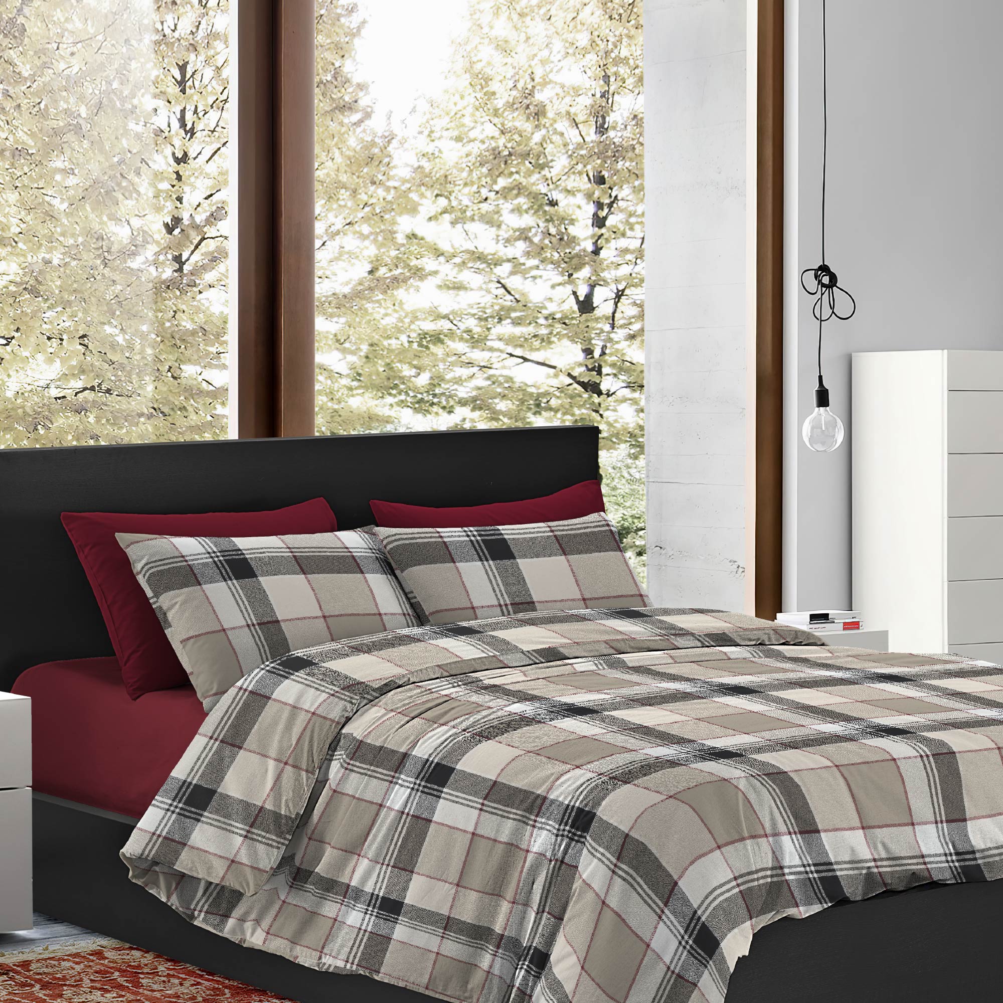 Copripiumino Matrimoniale No Stiro Sacco e Federe Effetto Raso Parure Microfibra Morbida Anallergica Mano Pesca  Tartan tortora - Matrimoniale