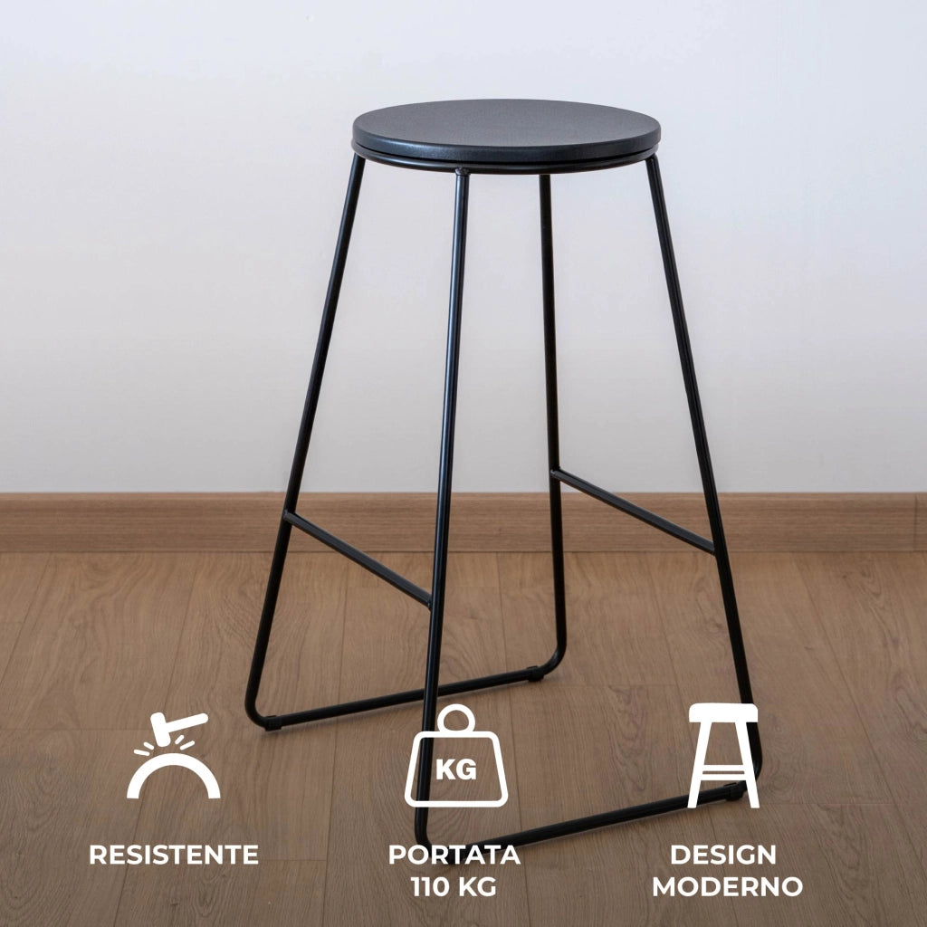 Coppia di Sgabelli Alti in Metallo con Seduta in Legno – Design Industriale Moderno – Set 2 Sgabelli da Cucina, Penisola o Bar – Colori Marrone e Nero Nero