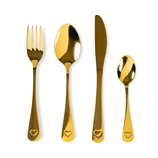 Set 24 Posate in Acciaio Inox 18/10 con Cuoricino  Servizio per 6 Persone, Lavabili in Lavastoviglie,Colore Argento o Oro Oro