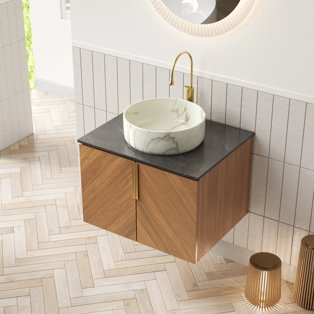 Mobile sottolavabo con 2 ante e lavabo in ceramica, piano in pietra sinterizzata, effetto rovere, per bagno, 61 cm