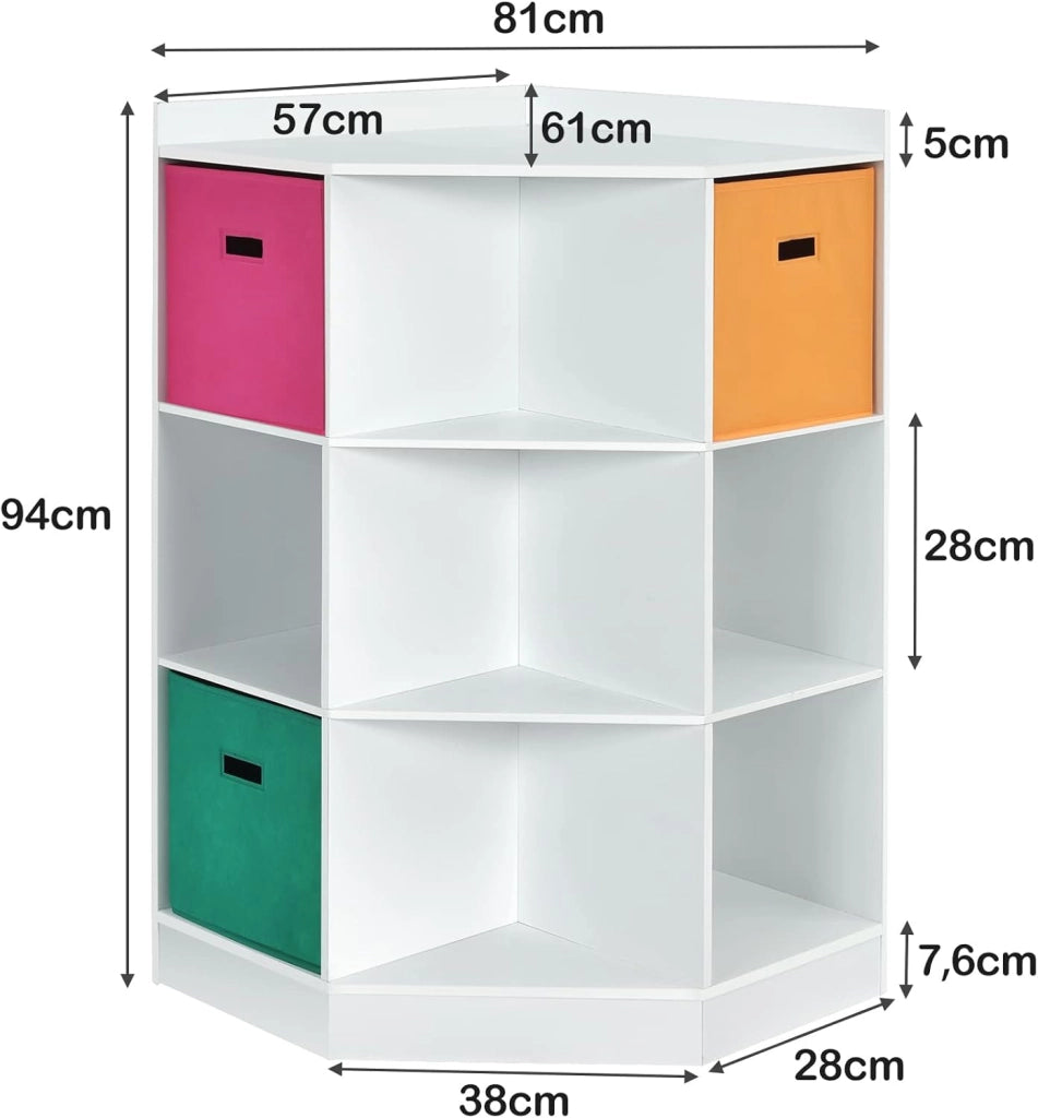 Scaffale Angolare, Scaffale ad Angolo con Tre Cestini Colorati e 9 Ripiani, per Casa, Soggiorno e Camera da Letto, 81x 61 x 94cm (Bianco)