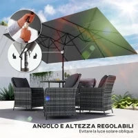 Ombrellone Doppio Inclinabile e Regolabile con Cordicella, in Poliestere e Metallo, 150x295x170-214 cm, Grigio