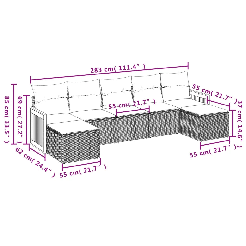 Set Divani da Giardino 7 pz con Cuscini Grigio in Polyrattan