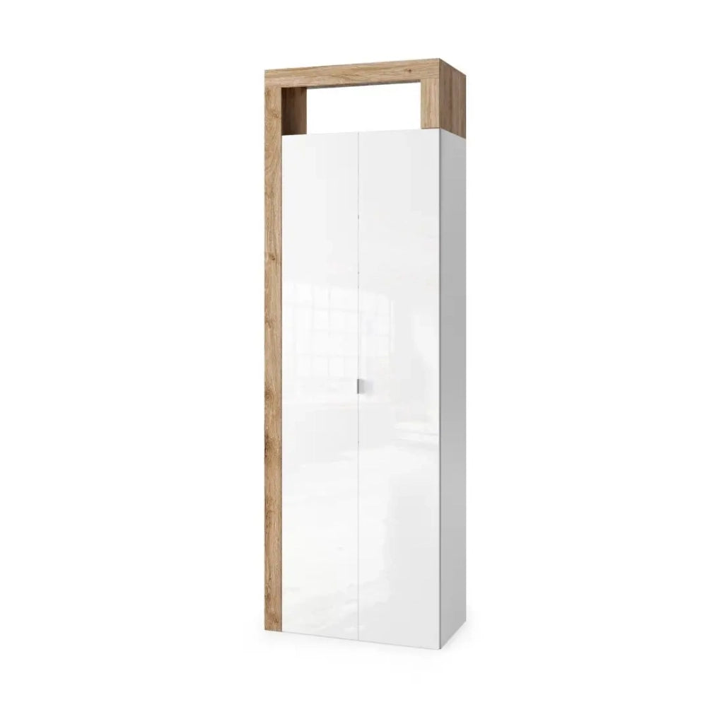 Mobile da bagno, 2 ante, collezione BURA. Colori bianco lucido laccato e rovere chiaro.