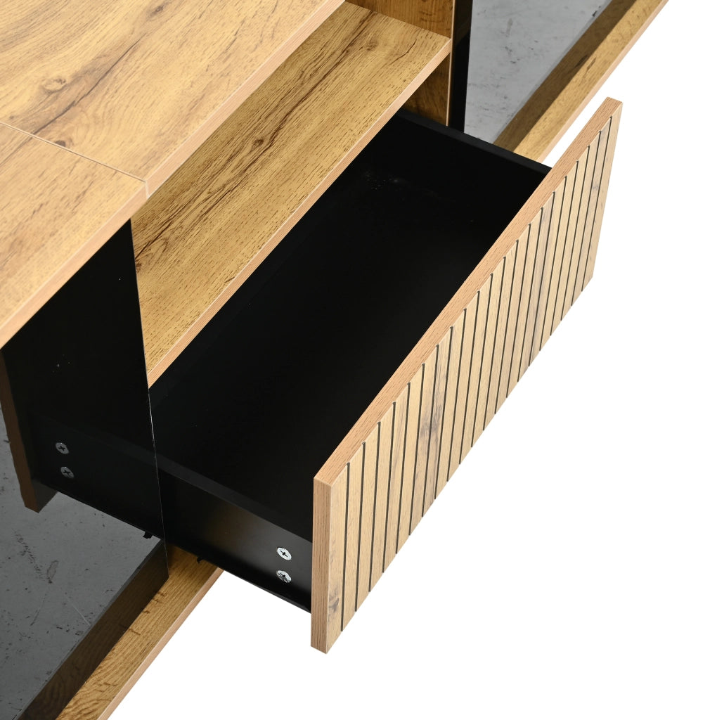 Mobile TV ULEVR 180x40x51 cm con LED Bluetooth, 2 ante e cassetto, nero e legno naturale