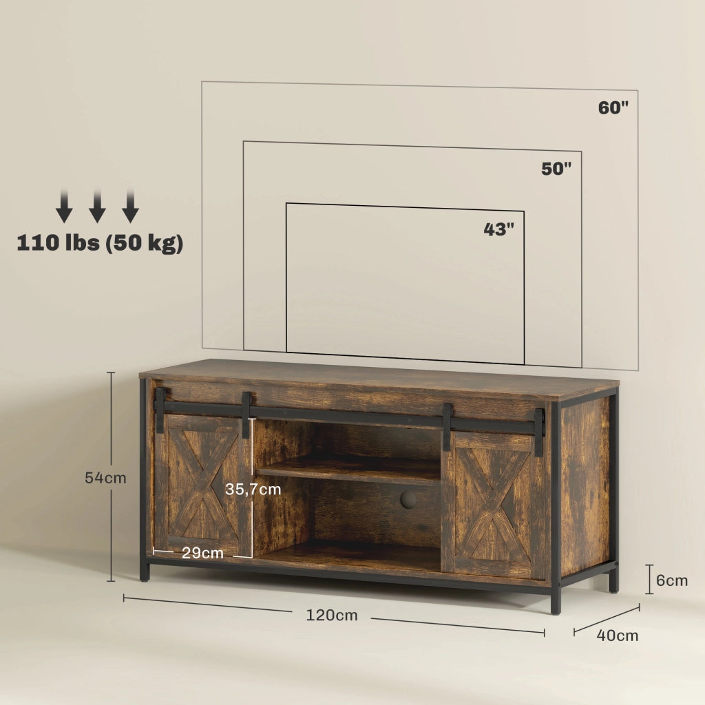 Mobile porta TV industriale con 2 ante scorrevoli e 6 vani, per soggiorno, in compensato, marrone, 120 × 40 × 54 cm