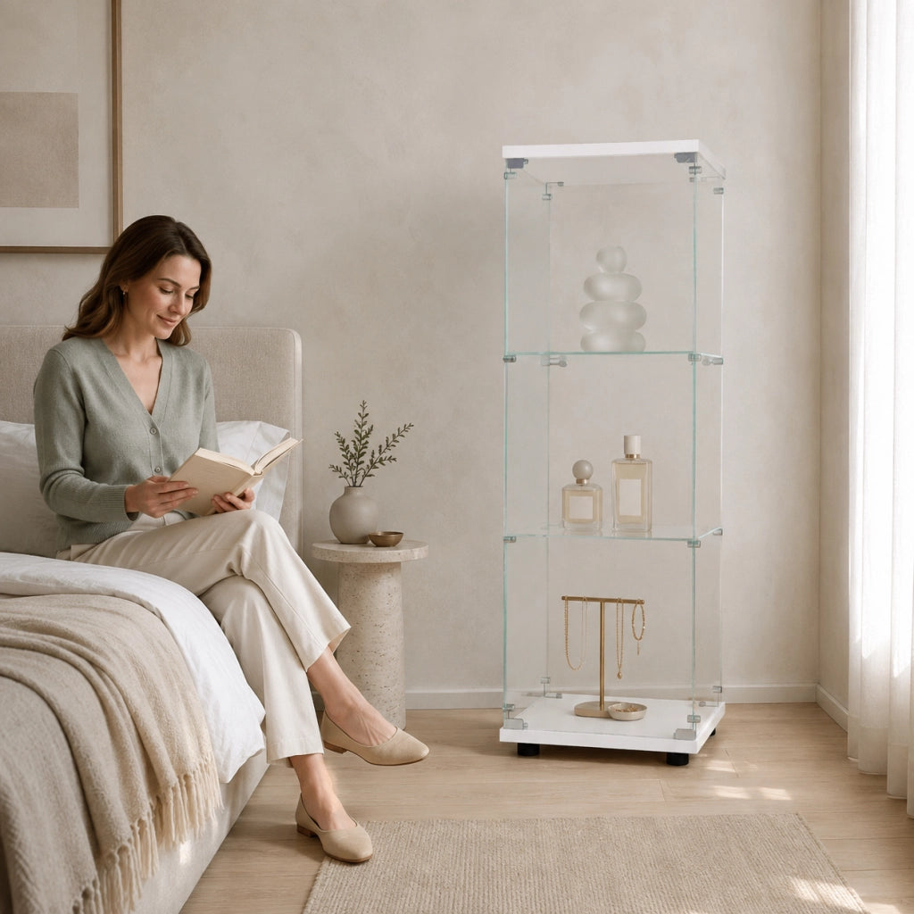 Vetrina espositiva in vetro temperato colore bianco con serratura e chiavi, 42,4x36,3x125,2cm, ripiani regolabili per figurine e collezioni