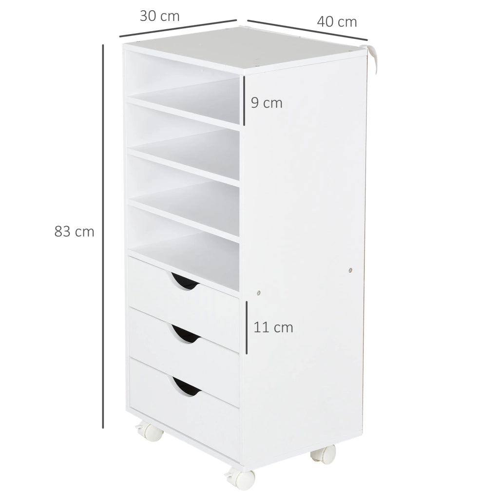 Cassettiera per Ufficio con Ruote 3 Cassetti 4 Ripiani in Legno 40x30x83 cm  Bianco