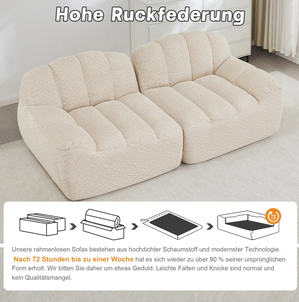 Divano modulare 2 posti 210x104x79 cm in tessuto fleece granulato; beige white