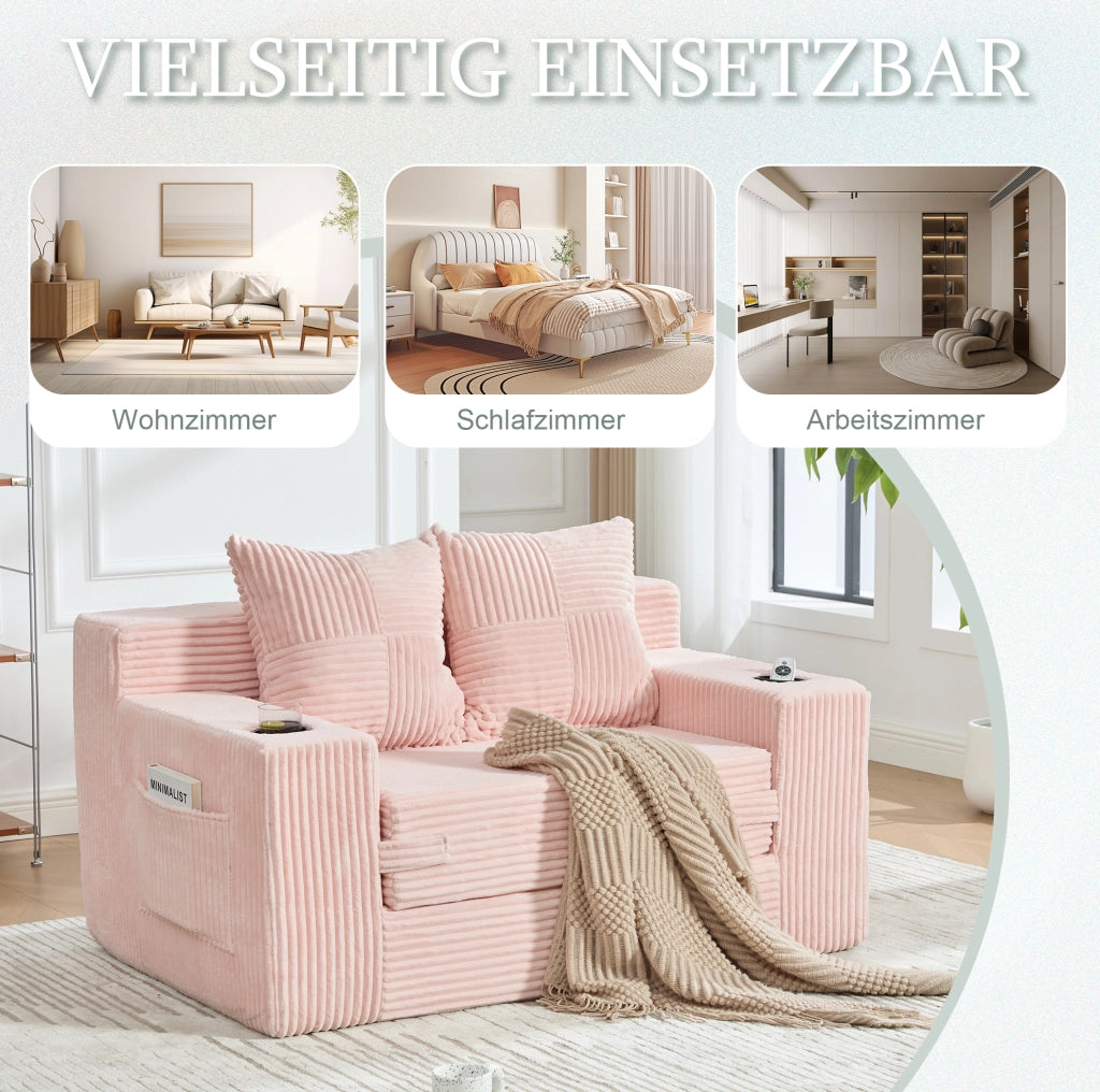 Divano pouf in velluto a coste rosa con tasche laterali e 2 cuscini; 151 × 133 × 64 cm