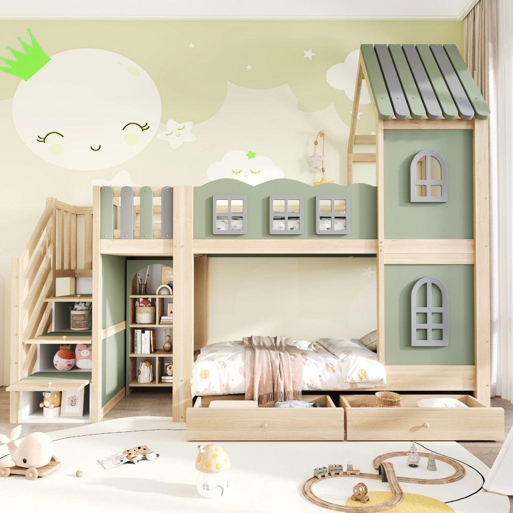 Letto a castello 90x200 cm con scala contenitore e sponde a nuvola; legno; verde