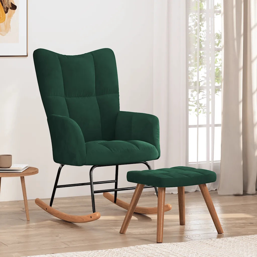 Poltrona a Dondolo | Sedia Relax con Poggiapiedi Verde Scuro in Velluto