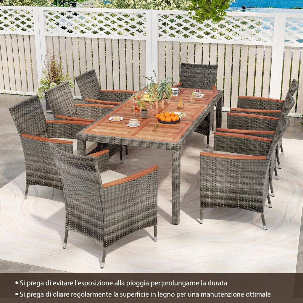 Set 9 Pezzi da Pranzo per giardino, Set di Mobili Esterno in Rattan PE, con 1 Tavolo Rettangolare e 8 Sedie con Cuscini, Ideale per Giardino Piscina e Cortile