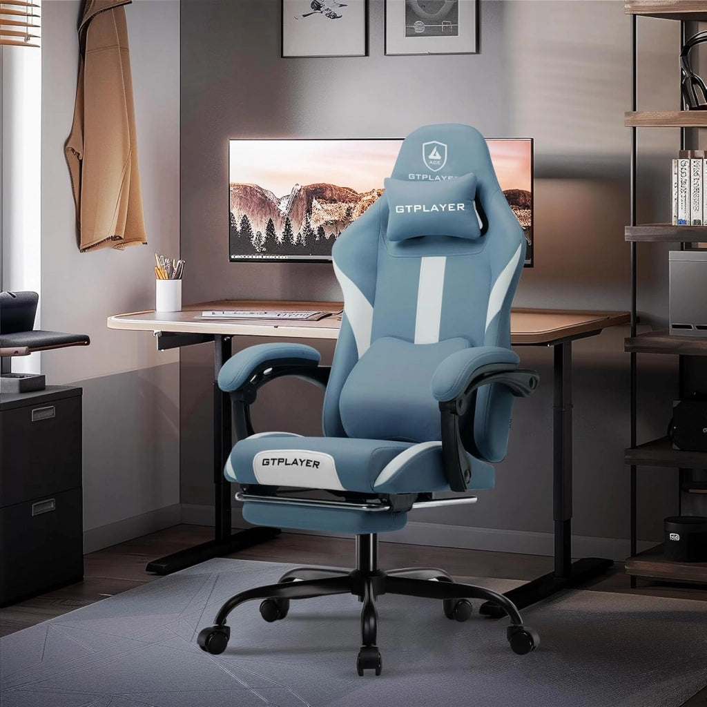 Sedia da gioco, sedia da ufficio traspirante in tessuto di alta qualità, sedia ergonomica PC, regolabile e girevole con poggiapiedi, blu