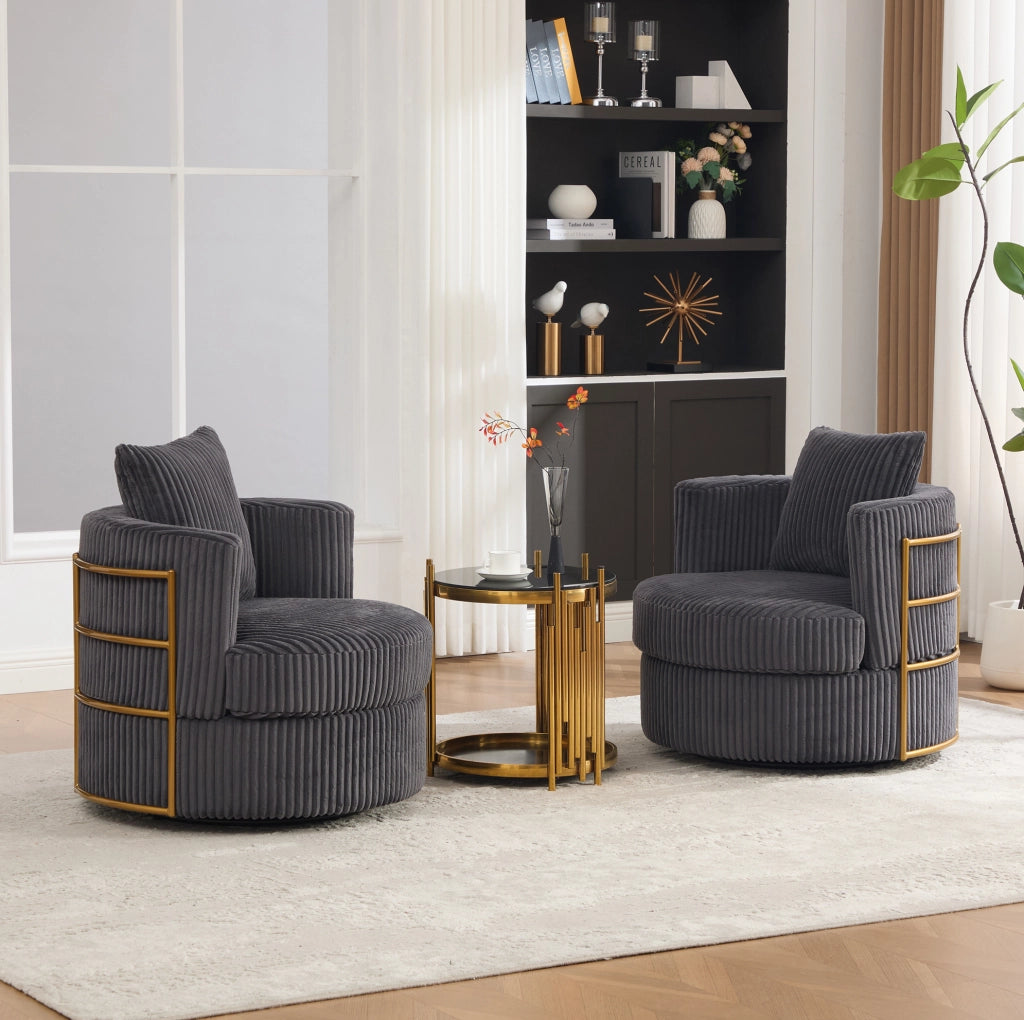 Poltrona girevole 360° in tessuto corduroy grigio con contenitore; 76x79x78 cm