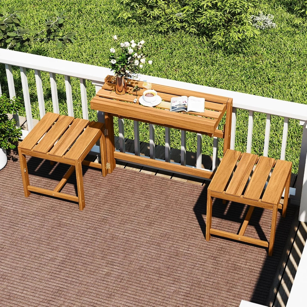 Panca Esterno Trasformabile 3 in 1, Panchina Giardino in Legno di Acacia con Schienale, Set Mobile Esterno con Tavolino e 2 Sedie, Supporto Piante per Terrazzo, Patio e Balcone