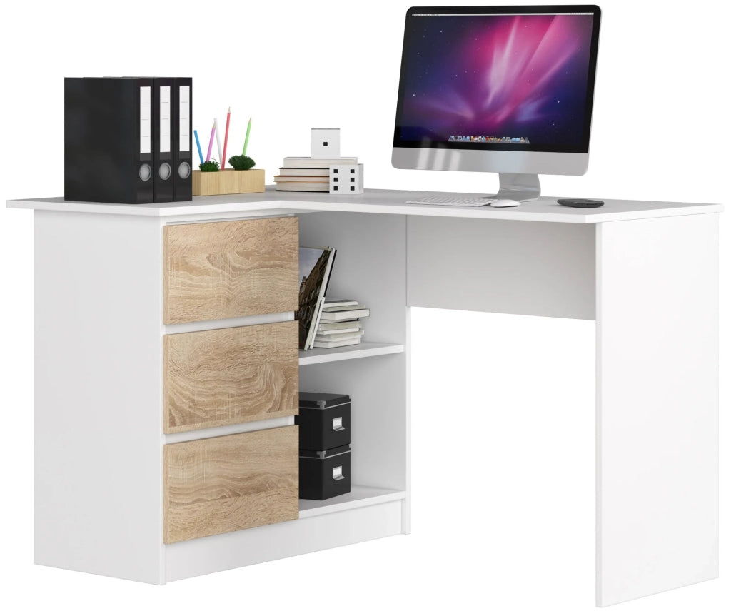 Scrivania angolare AKORD B16 Bianco 124 cm 3 cassetti inserto frontale Sonoma Quercia 124x85x77 cm Modello a sinistra
