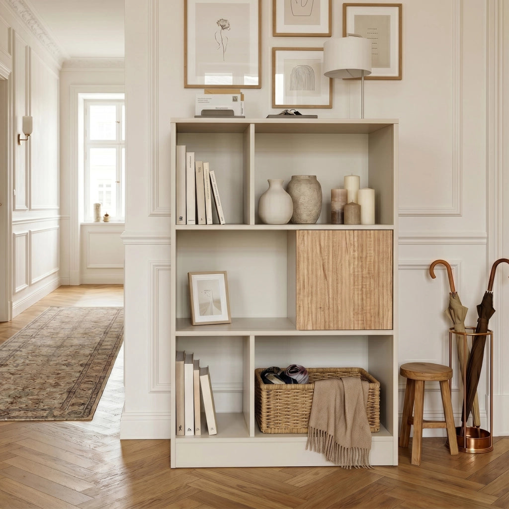 Libreria Karena Scaffale da Terra con Anta e 5 Vani Aperti 112x70x30 cm - Bianco Crema/Effetto Rovere [en.casa]