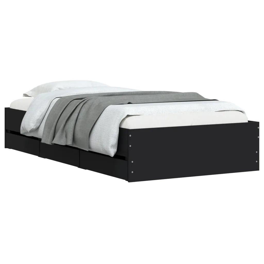Letto singolo | Letto per adulti | Giroletto con Cassetti Nero 100x200 cm in Legno Multistrato