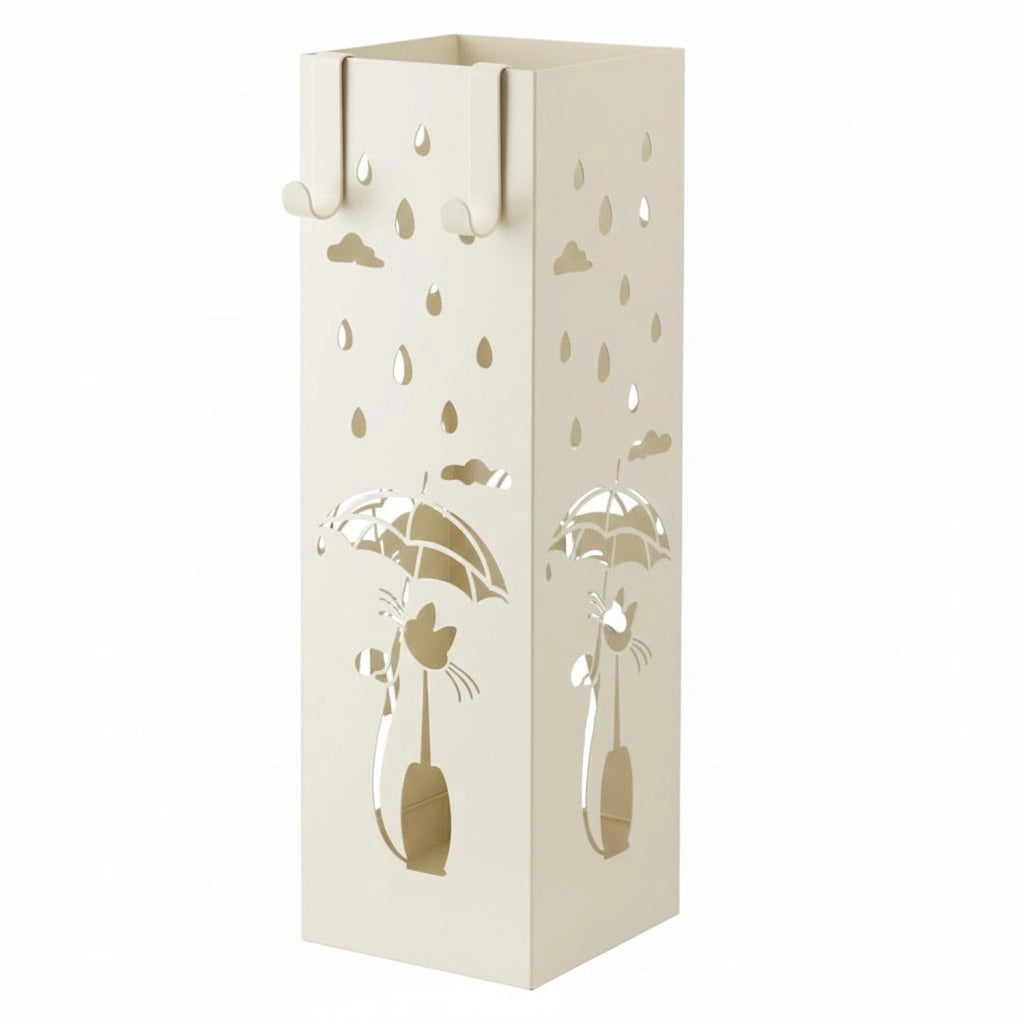 Portaombrelli In Metallo Con Decorazione Gatto Design Quadrato Base Antiscivolo Vaschetta Scolapioggia Removibile 2 Ganci Laterali Per Casa E Ufficio 49 X 15.5 X 15.5 Cm Bianco